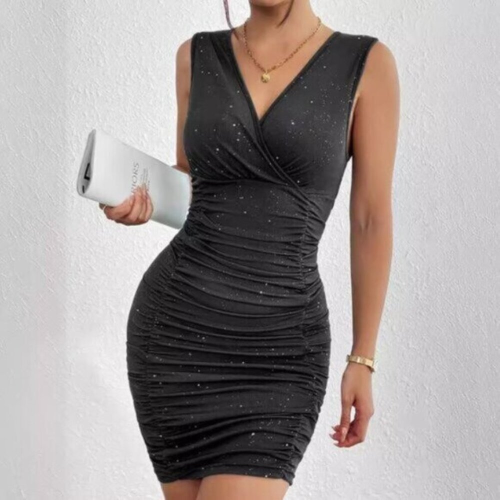 Sexy Solid Color Pleated Side Bodycon Sleeveless Elegant Fitted Dress